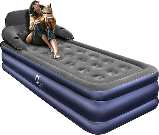 A-ER-FA Twin XL Air Mattress with Headboard and Built in Rechargeable Air Pump & Cup Holder – Premium Comfort Blow Up Mattress & Inflatable Mattress, Colchon Inflable Air Bed for Guests & Home Use