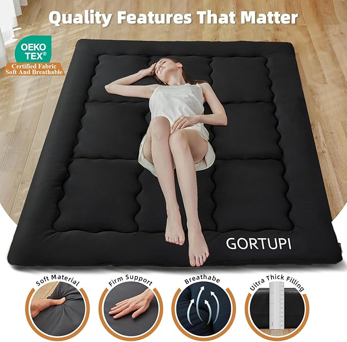 Full Size Japanese Floor Futon Foldable Futon Mattress for Floor Tatami Mattress Portable Bed for Guest Playmat for Kids Tatami Sleeping Pad Japanese Mattress for Adults Black A