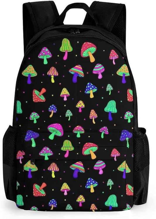 Men Women Lightweight Neon Mushrooms Colorful Backpack Large Capacity Bookbag With Smooth Zippers for Gym Business Running