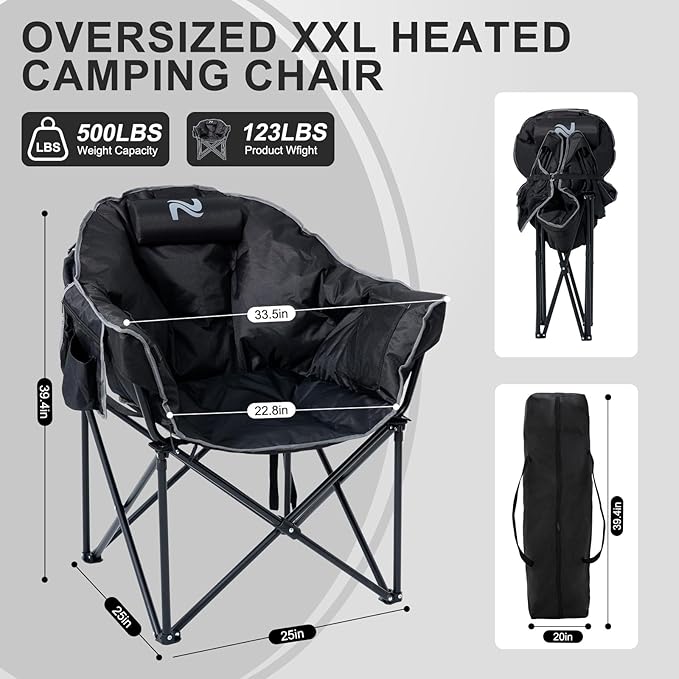 ABORON Oversized Heated Camping Chair, Padded Outdoor Folding Heated Chair with Side Pocket, Heavy Duty Seat for Winter Sports, Patio, Tailgating