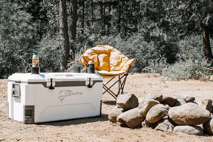 COHO 165QT Insulated Hard Cooler with Fish Ruler, Removable Cup Holders, Magnetic Disc & Tie-Down Loops, Ice Chest for Camping, Boating & Outdoor Use, Keeps Ice Up to 7 Days