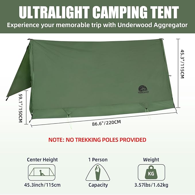 2-Person Trekking Pole Tent for Backpacking - Ultralight 2 Person Backpacking Tent, Lightweight Waterproof Two Person A-Frame Hiking Shelter for Outdoor Camping, Scouts, Trekkers (No Poles)