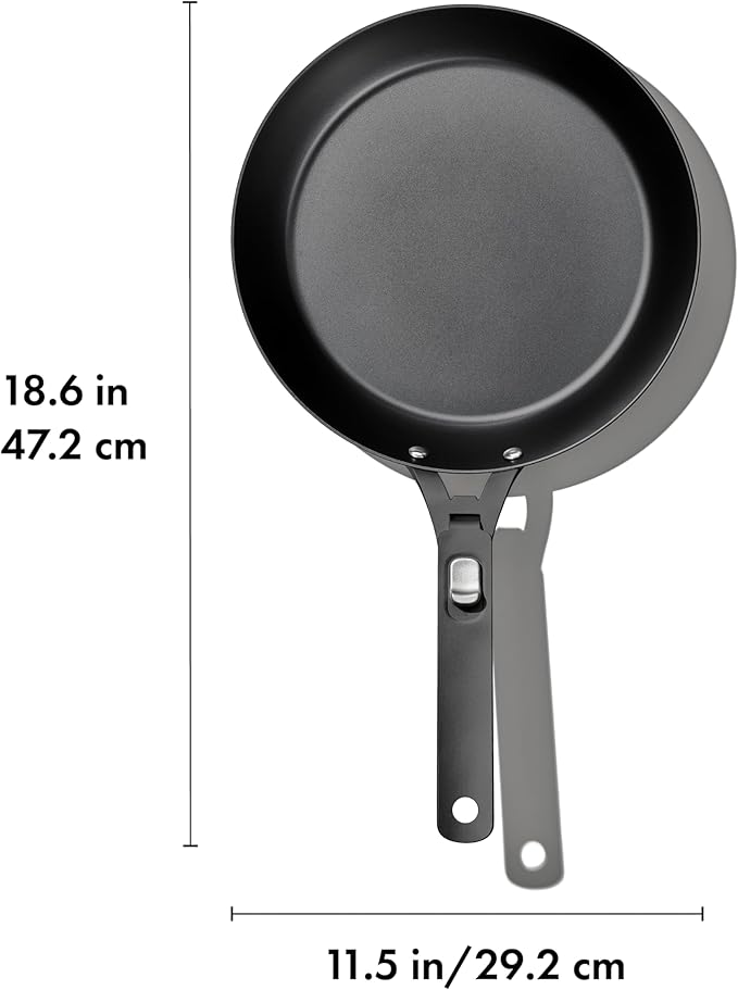 OXO Outdoor Pre-Seasoned Carbon Steel 10" Frying Pan Skillet, Detachable Handle for Easy Storage, Indoor Use, Nonstick with Use, Induction Suitable,Oven & Broiler Safe,Browning, Grill,Sear,Saute,Black