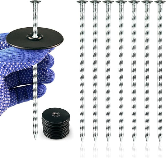Spiral Landscape Stakes with Gasket, Heavy Duty Galvanized Metal Garden Landscape Stakes Kit for Securing Weed Barrier Fabric, Artificial Turf, Floor Mat and More (6 Inch Stake + Gasket, 300)