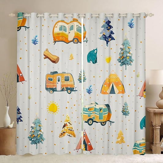 Feelyou Adventure Camping Blackout Curtains Camper Picnic Darkening Drapes for Bedroom Living Room Decor Happy Camping Thermal Insulated Shades Window Treatments, 2 Panels 52 x 63 Inch