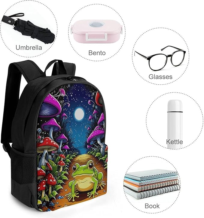 Supdreamc Casual Daypack Multipurpose Anti-Theft Large Capacity Carry On Bag, Psychedelic Magic Mushrooms Frog Trippy Art Casual Daypack Climbing Shoulder Bag With Padded Straps