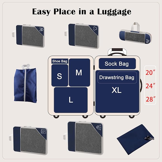 7 Set Compression Packing Cubes for Travel Women Men Kids Carry on, See-Through Mesh Packing Bags for Luggage, Expandable Travel Packing Organizers Bag for Suitcases Storage Sets (Navy Blue)