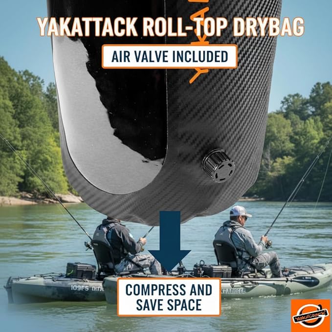 YakAttack 20L Roll-Top Drybag with Air Valve - Black Carbon | Waterproof Marine Dry Bag for Kayaking, Boating, Backpacking & Paddleboarding | Heavy Duty Roll Top Compression Drybag for Gear Storage