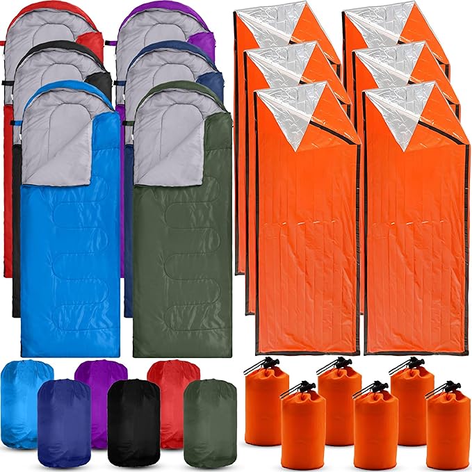 Macarrie 12 Pack Sleeping Bags Set with Compression Sacks, 6 Adult Camping Sleeping Bags and 6 Emergency Survival Sacks for Hiking Outdoor Homeless Shelters Donation Supplies