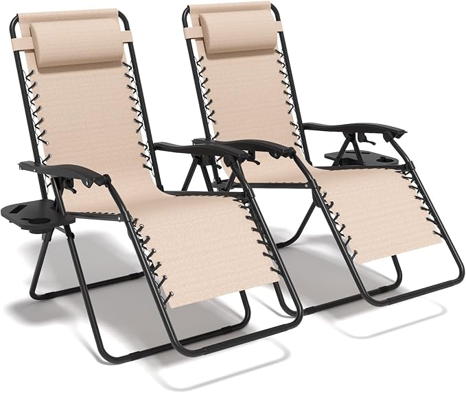 Set of 2 Adjustable Zero Gravity Lounge Chairs Outdoor Recliner w/Cup Holder Tray & Removable Pillows, Ergonomic Reclining Chair for Camping Patio Lawn Balcony (Beige-Brown)