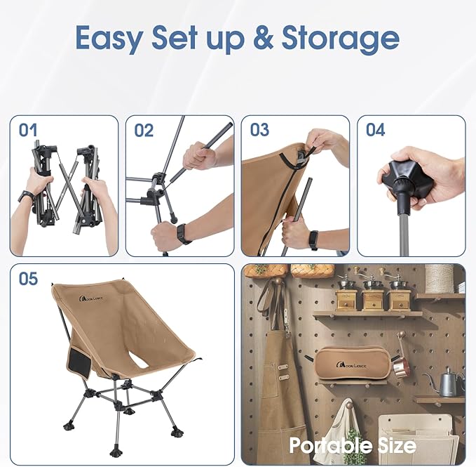 MOON LENCE Camping Chair Plus, Upgraded Comfort & Size, Still Compact and Lightweight, Folding Portable Chair for Backpacking & Hiking, 400Lbs Capacity, Gen 3 Plus (Khaki with Groundgrip Feet (Plus))