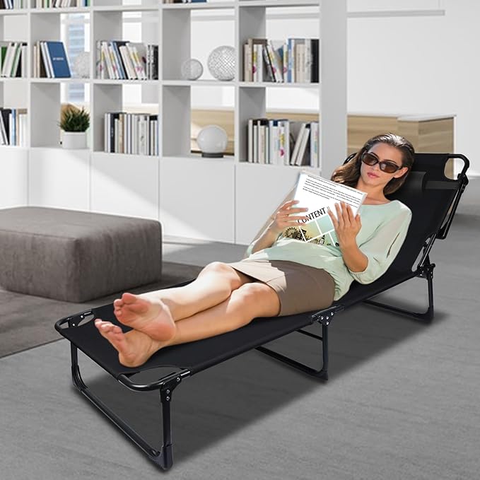 Cots for Sleeping with Mattress, Sleep Cots for Adults, Adjustable 4-Fold Guest Bed, Folding Camping Bed, Outdoor Lounge Chair, Sleeping Cots for Sunbathing, Camping, Pool, Beach, Patio Black