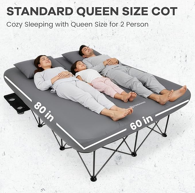 FUNDANGO Queen Camping Cot with Electric Pump, 2 Person Inflatable Air Mattress with Folding Frame, Portable Camping Bed with Cup Holders & Removable Cover for Adults, Tent Guest, Carry Bag Included