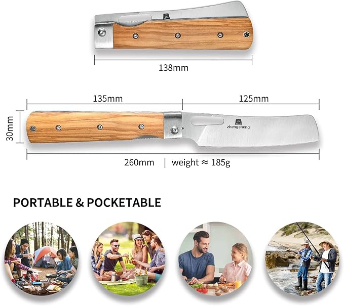 Folding Chef Knife 4.8” Ultra Sharp 440A Stainless Steel Blade Natural Olive Handle Pocket Foldable Japanese Style Kitchen Knife for Outdoor Camping BBQ trip Cooking