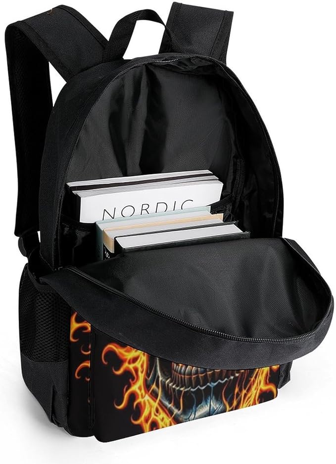 Backpack Polyester Anti-Theft Multipurpose Flaming Fire Skull Bookbag Large Capacity Laptop Book Bag Rucksack With Side Pockets