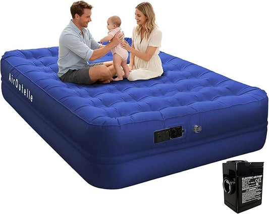 Air Mattress Queen with Built-in Pump - 3 Min Fast Inflation/Deflation Wireless Rechargeable Pump, Portable Camping Air Bed, Cooling Pongee Fabric Blow Up Mattress, (18" Indigo)