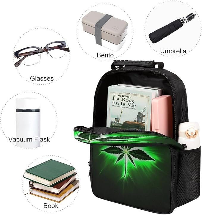 Men Women Lightweight Green Weedleaf Leaf Black Casual Daypack Large Capacity Bookbag With Adjustable Shoulder Straps for Gym Business Bicycle