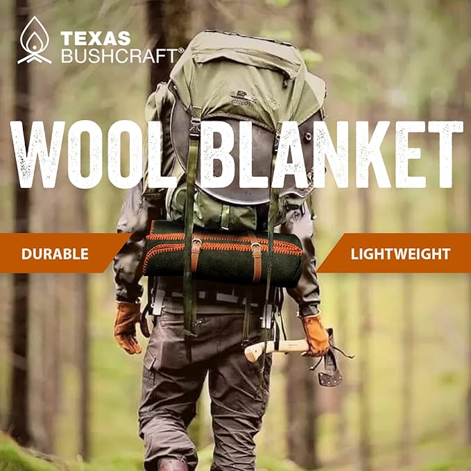 Texas Bushcraft Merino Wool Blanket for Camping, Hiking and Backpacking - Water and Fire Resistant Camp Car Blanket, Fast-Warming and Durable With Double-Stitched Edging (66" x 90")