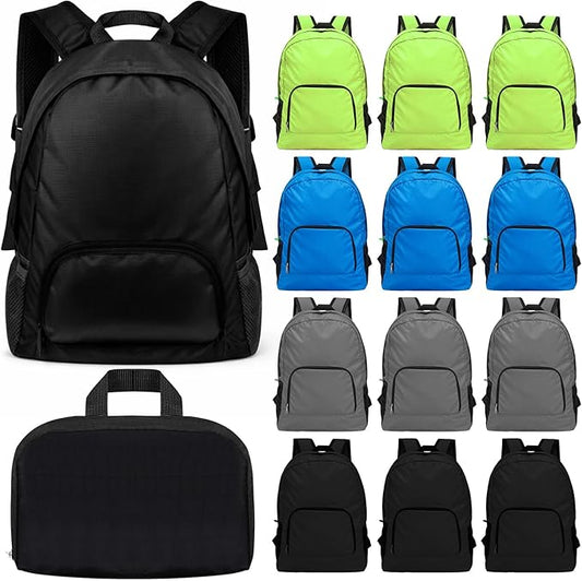 Dunzy 12 Pcs 20l Foldable Backpacks Bulk Lightweight Basic Back Pack Wholesale for Homeless Donation Corporate Events Travel Camping (Multicolor)