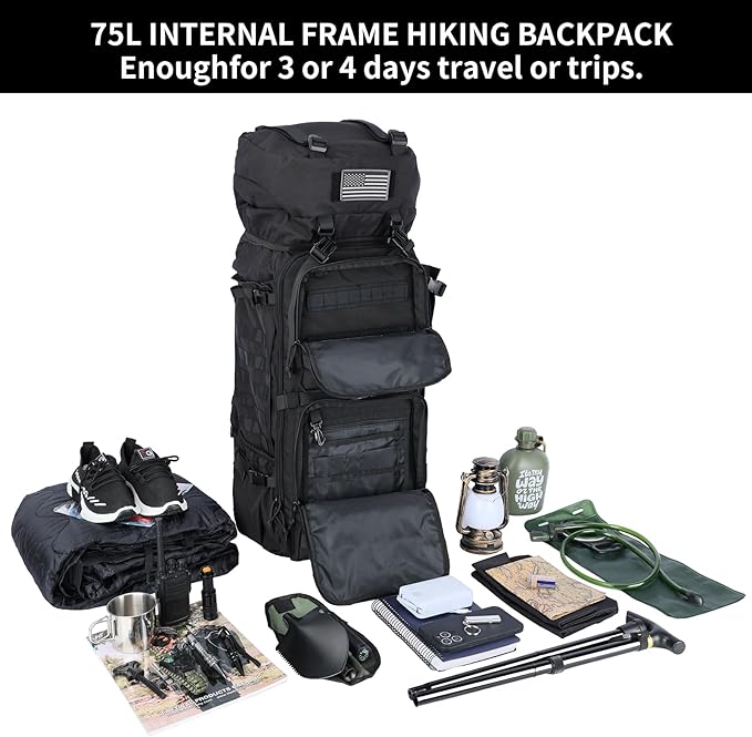 Zsearaymy 75L Hiking MOLLE Backpack with Internal Frame & Rain Cover for Tactical, Camping, Backpacking, Survival Travel (Black)