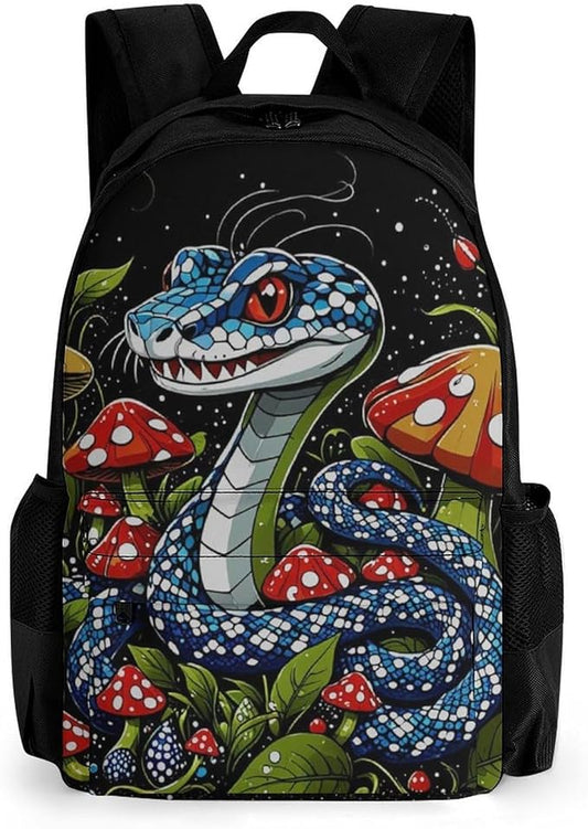 Men Women Lightweight Trippy Mushroom Snake Art Casual Daypack Big Capacity Bookbag With Padded Straps for Gym Travel Walking Cycling