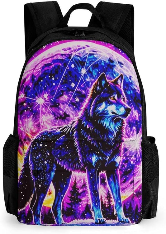 Supdreamc Daypack Backpack Anti-Theft Multipurpose Large Capacity Carry On Bag, Trippy Wolf Space Galaxy Art Traveling Camping Backpack With Side Pockets