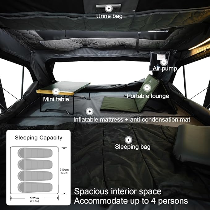 Rooftop Tent Hard Shell Aluminium Overland Roof Top Tent, Large Space, LED Strip Light Skyview Window, Waterproof UV-Resistant All-Weather, Suitable for Car Jeep SUV Truck Van Camping, 4 People