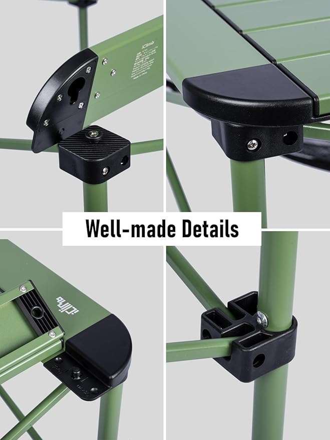 iClimb Lightweight Stable Alu. Folding Square Table Roll Up Top with Carry Bag for Camping Picnic Backyards BBQ Camp Kitchen (Green, L)