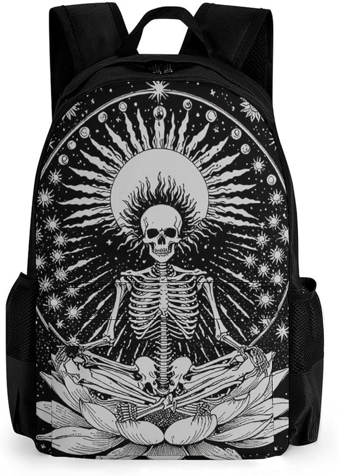 Women Men Polyester Seven Star Meditation Skeleton Skull Black Casual Daypack Large Capacity Bookbag With Side Pockets for Sports Picnic Walking Cycling
