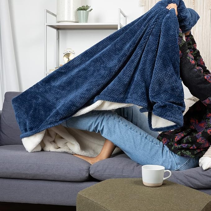 PediPocket XXL Sherpa Lined Patented Foot Pocket Blanket – Sassy Sapphire – Extra Large 60”x84”with 30”Deep Foot Pocket,Plush Fleece Blanket,Luxurious Comfort,Machine Washable,Gift Idea (non-electric)