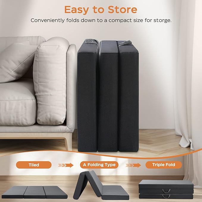 Tri Folding Mattress Twin Size - Memory Foam Tri-fold Handle & Non-Slip Bottom, Portable Foldable Sofa Bed Floor Chair for Travel RV Camping Guest Yoga - 6 Inch, 75"x38"x6"
