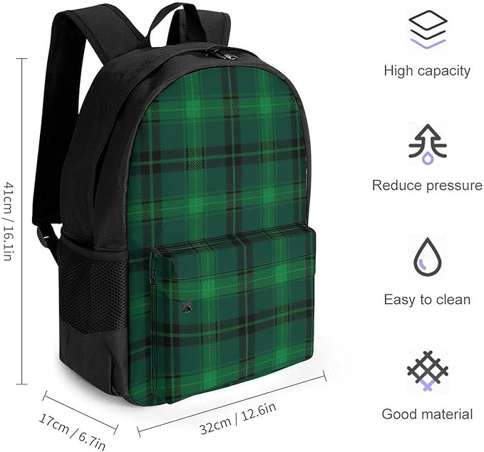 Adults Lightweight Black Green Scottish Tartan Plaid Shoulder Book Bags Big Capacity Shoulder Bag With Adjustable Shoulder Straps for Trekking Work Walking Cycling