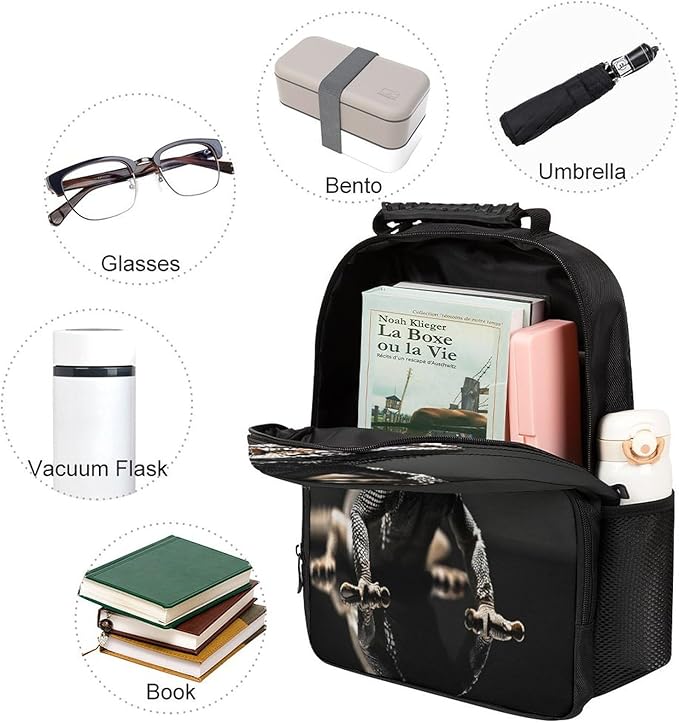 Men Women Lightweight Cool Bearded Dragon Lizards Animal Black Daypack Bookbag Big Capacity Carry On Bag With Side Pockets for Camping Travel Bicycle