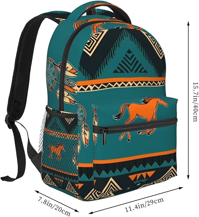 Lightweight Daypack Backpack for Sports Travel Running, Large Capacity Multipurpose Anti-Theft Bookbag, Southwest Native American Ethnic Horse Dreamcatcher Art Laptop Backpack Daypack