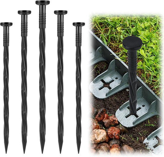 Landscape Edging Stakes, 170 Pcs 8" Plastic Garden Spikes, Spiral Nylon Anchoring Spikes for Paver Edging, Weed Barriers, Artificial Turf, Tent, Grass Pathway and More, Black