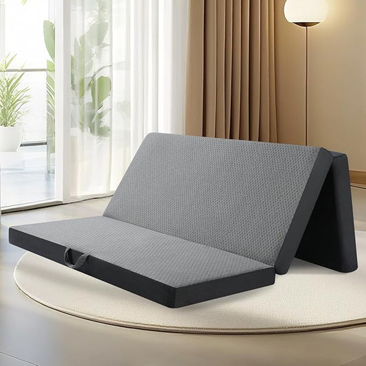Tri Folding Mattress Queen Size - Memory Foam Tri-fold Handle & Non-Slip Bottom, Portable Foldable Sofa Bed Floor Chair for Travel RV Camping Guest Yoga - 4 Inch, 78"x58"x4"