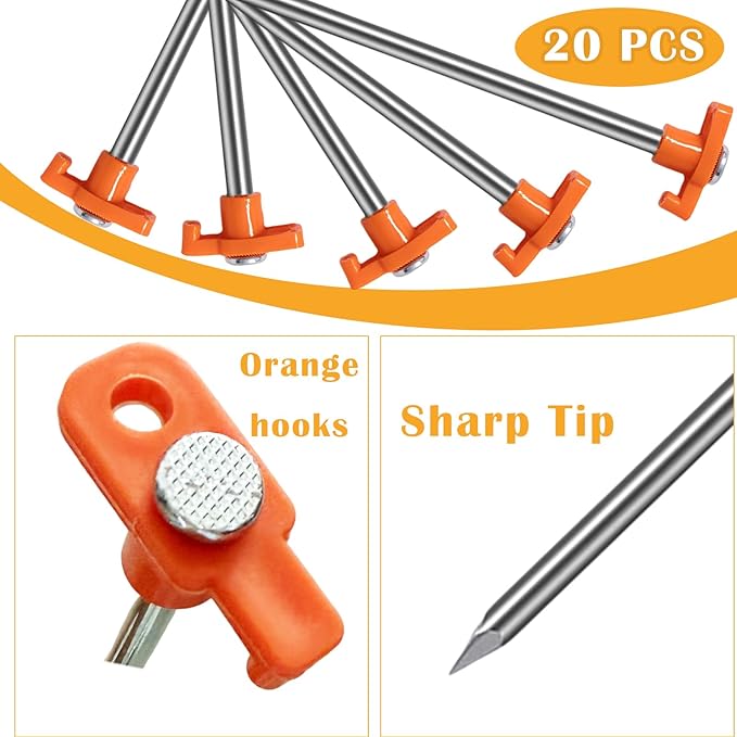 20 Pack Tent Stakes - 9.75 Inch Galvanized Non-Rust Ground Stakes Heavy Duty Canopy Anchors Metal Tent Pegs for Camping, Garden, Hiking, Orange