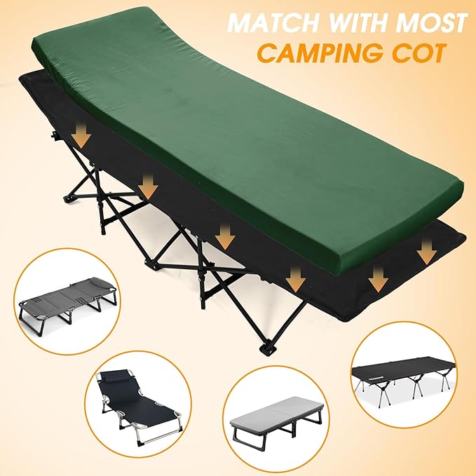 CYMULA Camping Cot Mattress 3in Memory Foam Sleeping Pad,Soft Warm Non-Slip Camping Mattress Topper with Retaining for Adults,Portable Roll up Pad for Travel