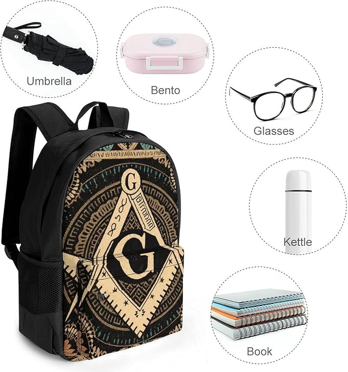 Backpack Anti-Theft Multipurpose Large Capacity Carry On Bag, Gold Freemason Freemasonry Masonic Art Camping Outdoor Backpack With Side Pockets