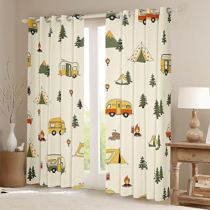Erosebridal Camping Adventure Window Curtains 38" Wx54 L Happy Camping Blackout Curtains for Bedroom Living Room,Camper Campfire Pine Trees Window Treatments Tent Outdoor Life Drapes Decor 2 Panels