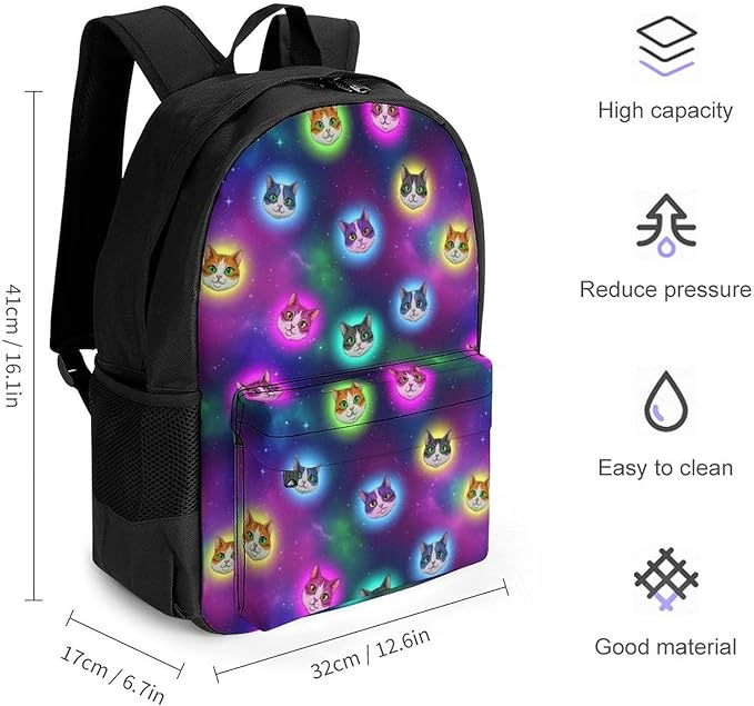 Men Women Lightweight Galaxy Cats Cat Heads In Space Galaxy Casual Daypack Large Capacity Bookbag With Adjustable Shoulder Straps for Gym Business Bicycle