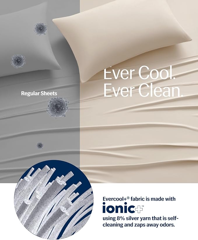 REST® Evercool®+ Cooling Sheet Set, King Size, Snow Ivory, Breathable Bed Sheets for Hot Sleeper and Night Sweats, with Pillowcases, with Ionic+ Self-Cleaning Silver Yarn for Sensitive Skin, 4PCS