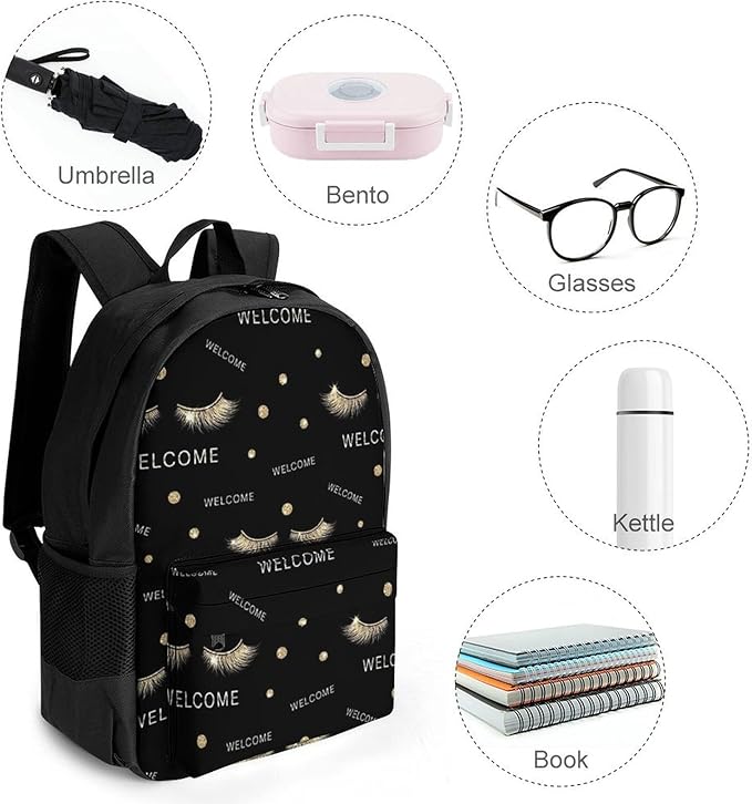 Daypack Anti-Theft Multipurpose Large Capacity Shoulder Bag, Stylish Black Rose Gold Eyelashes Welcome Travel Hiking Camping Rucksack With Smooth Zippers