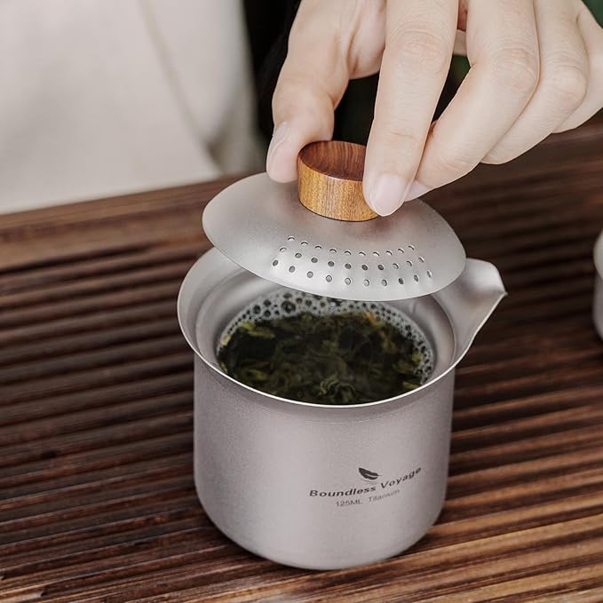 Boundless Voyage Titanium Teacup Double-Layer Tea Maker Outdoor Teapot Camping Mug Set Leightweight Drinking Cup for Backpacking Picnic Travel (Ti3145D-125ml)