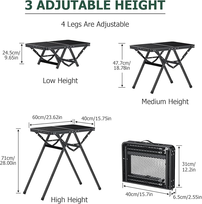 JiGiU Folding Camping Table Pinic Table Height Adjustable Foldable Table 180lbs Load with Carry Handle More Stable Feet for Outdoor Indoor Hiking Camp BBQ Beach (Black, Iron Mesh Tabletop)