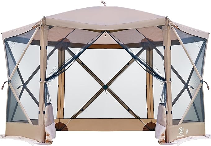 EVER ADVANCED Pop Up Gazebo Screen House Tent for Camping 11.5 ft for 8-10 Person Instant Canopy Shelter with Netting Portable for Outdoor, Backyard, Brown
