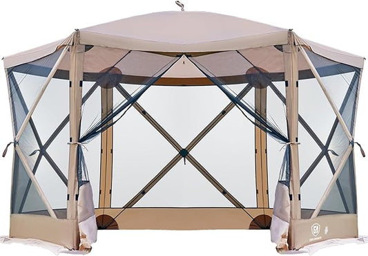 EVER ADVANCED Pop Up Gazebo Screen House Tent for Camping 11.5 ft for 8-10 Person Instant Canopy Shelter with Netting Portable for Outdoor, Backyard, Brown