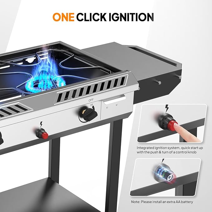 Bonnlo 2-in-1 Propane Stove and Griddle, Iginition Outdoor Gas Cooker with Storage Shelf and Portable Wheels, 2 Burner Camping Stove with 150000BTU Output for Backyard Cooking BBQ Frying and Boiling