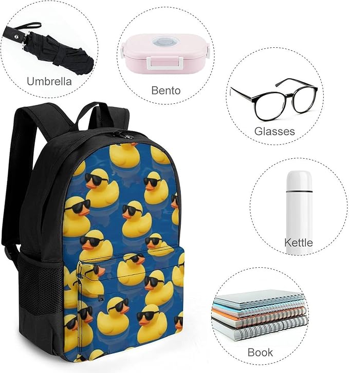 Men Women Polyester Funny Sunglasses Rubber Duck Painting Daypack Bookbag Big Capacity Shoulder Bag With Padded Straps for Climbing Travel Walking Cycling