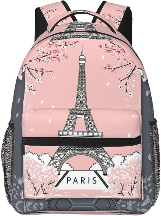 Men Women Polyester Paris Eiffel Tower With Pink Cherry Flower Blossom Art Daypack Big Capacity Shoulder Bag With Adjustable Shoulder Straps for Camping Travel Walking Cycling